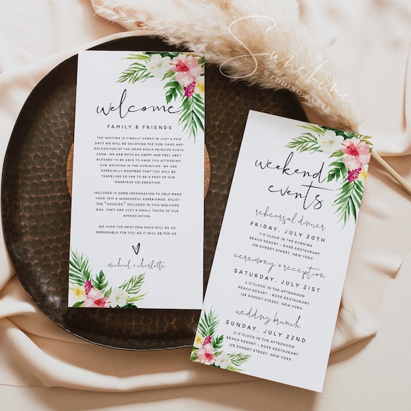 Plantilla de itinerario de carta de bienvenida tropical hawaiana, boda en la playa, orden de eventos, nota de bolsa de bienvenida, boda de verano, plantilla editable, H1