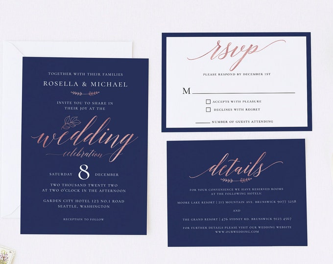 Modern Wedding Invitation Set, Navy, Rose Gold, Calligraphy, Minimalist, RSVP, Details, Editable Template, Instant Download, Templett, N1