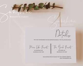 Modello di scheda dettagli matrimonio moderno, scheda alloggi stampabile, scheda informazioni modificabile, minimalista, download immediato, Templett, M4