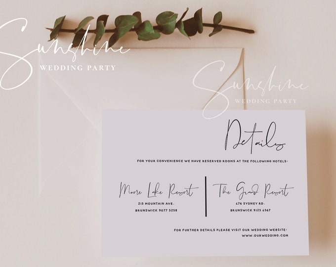 Modern Wedding Details Card Template, Printable Accommodations Card, Editable Information Card, Minimalist, Instant Download, Templett, M4