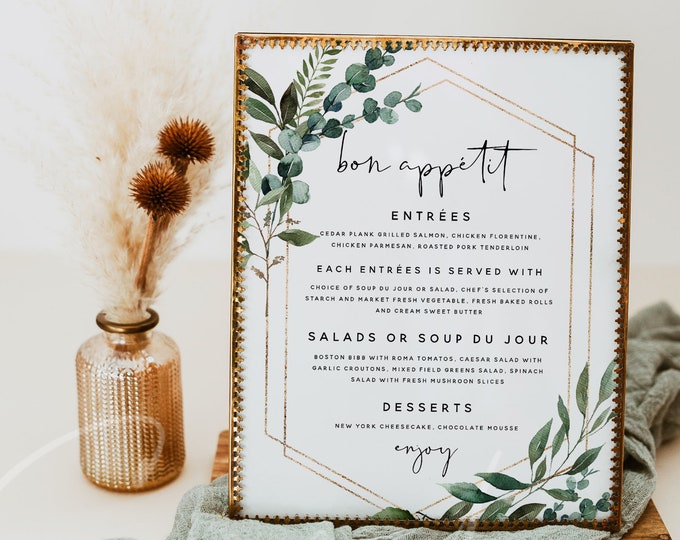 Bon Appetit Menu Sign Template, Greenery Signs, Printable Bon Appetit Menu Sign, Wedding Signs, Editable Text, Instant Download, Templett G5