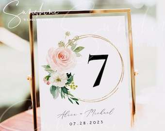 Blush White Floral Wedding Table Number Sign Template, Printable Wedding Table Number Card Template, Editable Instant Download Templett, F5A