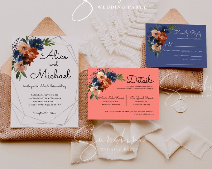 Navy & Coral Floral Wedding Invitation Suite Template Printable Wedding Invitation Kit Editable Wedding Invite Instant Download Templett F11