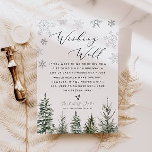 Winter Wonderland bruiloft wensput kaartsjabloon, sneeuwvlok pijnboom, afdrukbare wensputkaart, DIY bewerkbaar, instant download, W1