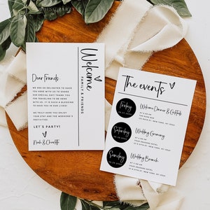 Plantilla de tarjeta de itinerario de eventos de fin de semana de bodas, minimalista moderno, cronograma de eventos de bodas, nota de bolsa de bienvenida de bodas, cronograma de bodas, M18