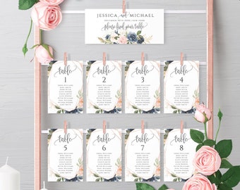 Navy Blush Wedding Seating Chart Template Printable Table Seating Plan Templates Hanging Cards Editable Text Instant Download Templett F6