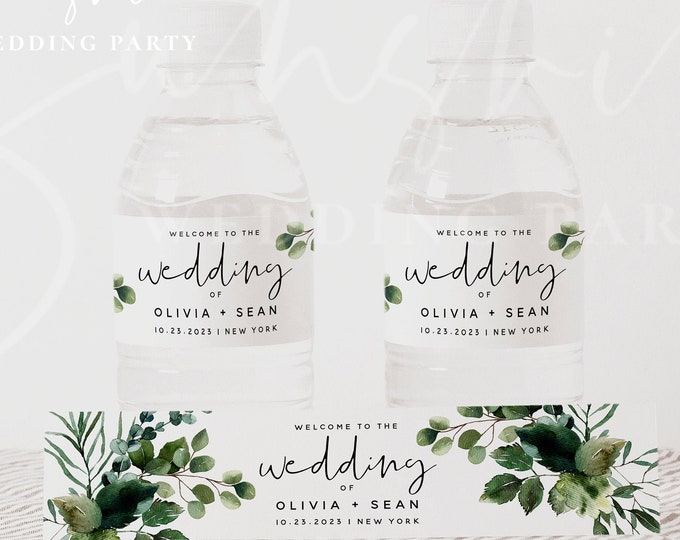 Water Bottle Label Template, Greenery Wedding Water Bottle Labels, DIY Wedding Labels, Editable Template, Instant Download, Templett, G5