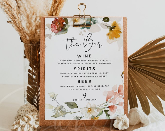 Marsala Wedding Bar Menu Template, 5x7" 8x10" Floral Bar Menu Wedding Sign, Wedding Drink Sign Printable, Editable Menu Cards, Templett, F16