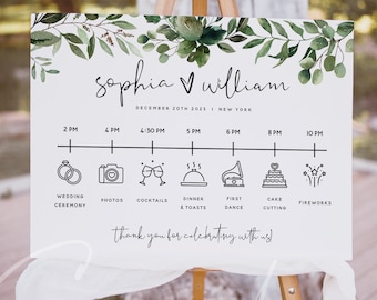 Greenery Wedding Itinerary Sign Template, Wedding Timeline Sign Template, Printable Itinerary Sign, Order of Events Sign Instant Download G5