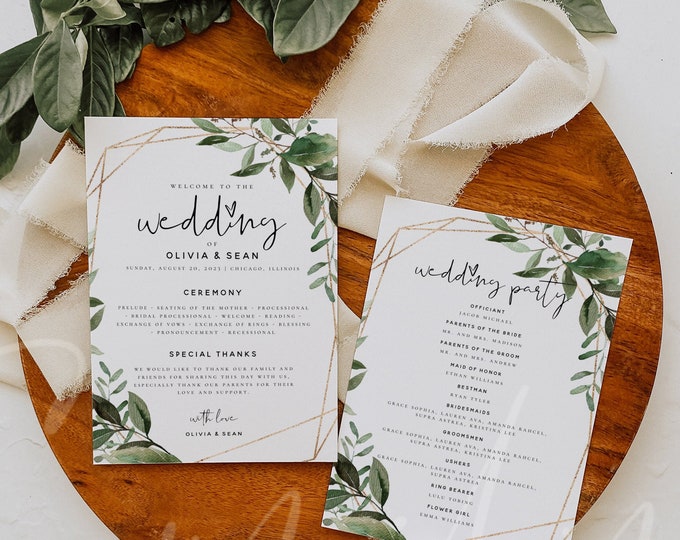 Greenery Wedding Program Cards Template, Printable Greenery Wedding 5x7 Program Card Template, Editable Text, Instant Download, Templett, G5