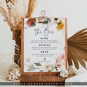 Marsala bruiloft bar menusjabloon, 5 x 7" 8 x 10" Floral bar menu bruiloft teken, bruiloft drankje teken afdrukbare, bewerkbare menukaarten, Templett, F16