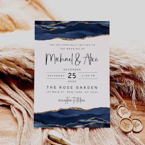 Navy Blue and Gold Agate Wedding Invitation Template, Minimalist Modern Wedding, Editable Wedding Invitation Card, Printable Invitation, M19
