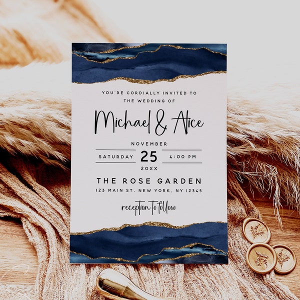 Navy Blue and Gold Agate Wedding Invitation Template, Minimalist Modern Wedding, Editable Wedding Invitation Card, Printable Invitation, M19