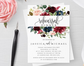 Marsala Burgundy Navy Rehearsal Dinner Invitation Template Printable Editable Rehearsal Invitation Template Templett Instant Download PDF F3