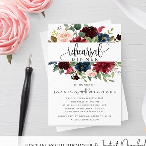 Marsala Burgundy Navy Rehearsal Dinner Invitation Template Printable Editable Rehearsal Invitation Template Templett Instant Download PDF F3