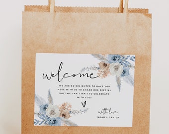 Welcome Bag Card Template, Dusty Blue Champagne Floral Wedding, Welcome Bag Labels, Welcome labels, Welcome Cards, Instant Download, F23