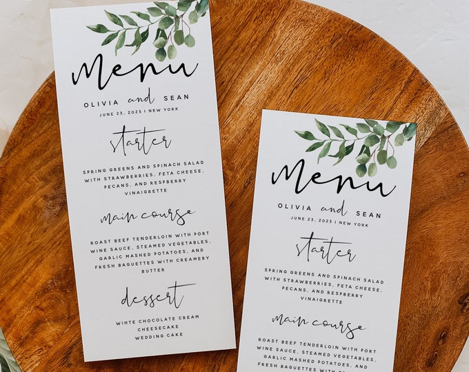 Greenery Menu Template, Wedding Menu, Greenery Wedding Menu, DIY Printable Menu, Instant Download, Reception Dinner Menu, 100% Editable, G5