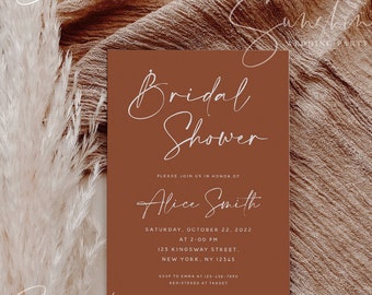 Terracotta Bridal Shower Invitation Template, Printable Burnt Orange Bridal Shower Invite, Modern Minimalist Boho Rustic Instant Templett T1