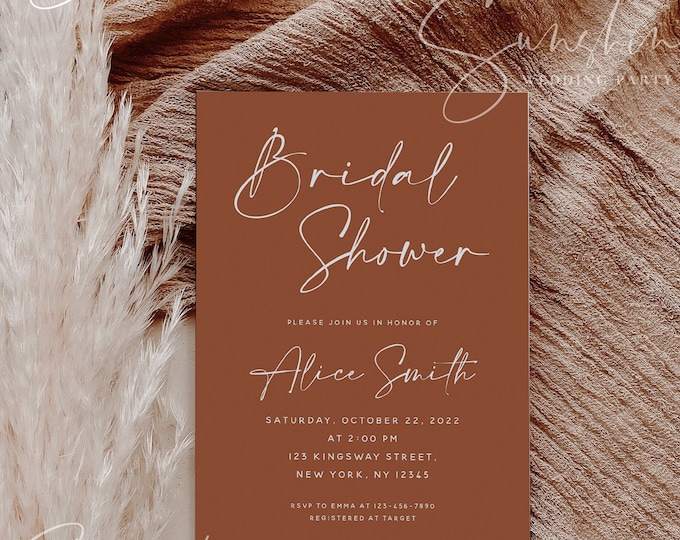 Terracotta Bridal Shower Invitation Template, Printable Burnt Orange Bridal Shower Invite, Modern Minimalist Boho Rustic Instant Templett T1