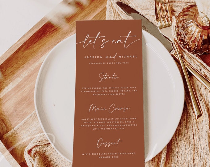 Terracotta Wedding Menu Template, Modern Minimalist Wedding Dinner Menu, Printable, Instant, Reception Dinner Menu, 100% Editable, DIY, T1