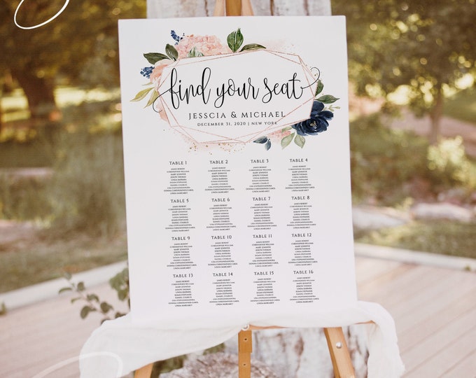 Navy & Blush Floral Seating Chart Wedding Seating Chart Template Poster Editable Seating Board Printable Wedding Seating Sign Templett F6