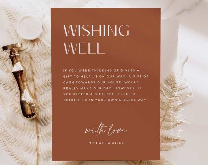 Terracotta Wedding Wishing Well Card Template, Modern Minimalist, Burnt Orange, Wishing Well Sign, Wishing Well Card, Editable Template, T1