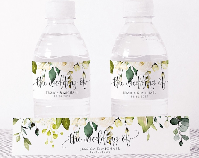 Wedding Water Bottle Label Template, Printable, White Floral Labels, DIY Wedding Label, Instant Download, 100% Editable Text, Templett, F7