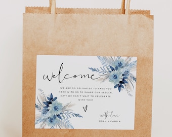 Dusty Blue Welcome Bag Label Template, Floral Wedding, Welcome Bag Label, Welcome labels, Welcome Cards, Boho Wedding, Instant Download, F20