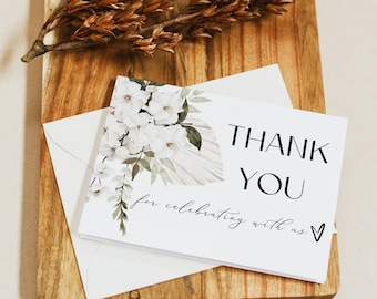 Thank You Card Template, White Floral Wedding, Tent Fold Thank You Card, Wedding Printable, DIY Editable Template, Instant Download, F30