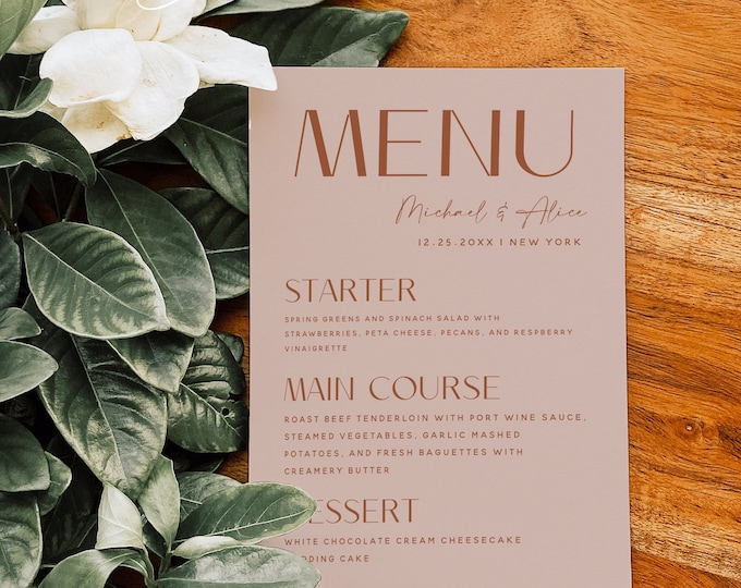 Modern Terracotta Menu Template for Wedding, Bridal Shower, Baby Shower, Birthday Party, Baptism, Minimalist Menu Cards, Printable Menu, T1