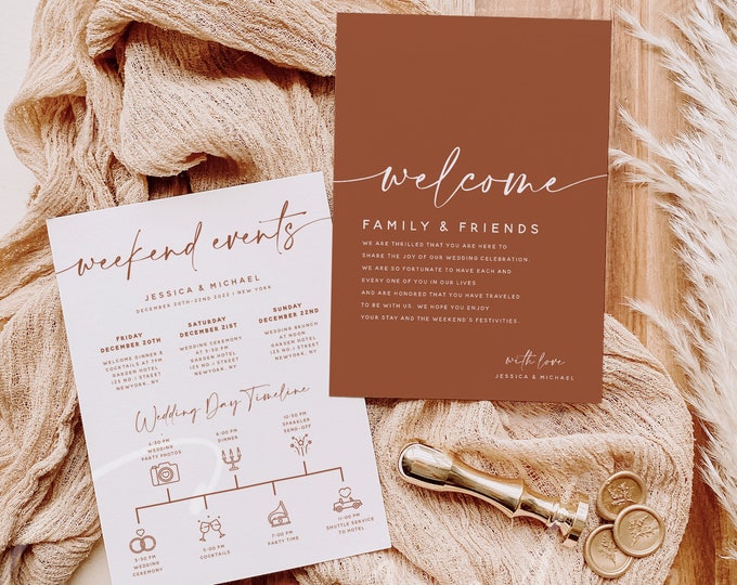 Terracotta Welcome Letter & Timeline Template, Modern Itinerary, Earthy Wedding Order of Events, Instant Download, Editable, Templett, T1