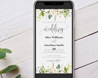 Wedding Electronic Invitation Template, White Floral Evite Wedding, Wedding Evite Template, E-Invite Wedding, Instant Download, Templett, F7