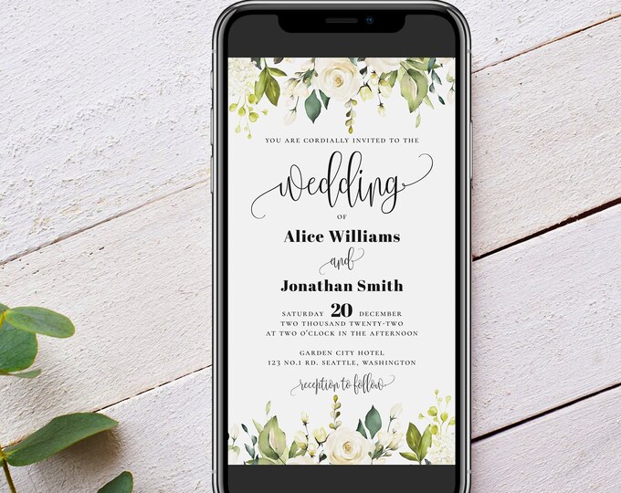 Wedding Electronic Invitation Template, White Floral Evite Wedding, Wedding Evite Template, E-Invite Wedding, Instant Download, Templett, F7