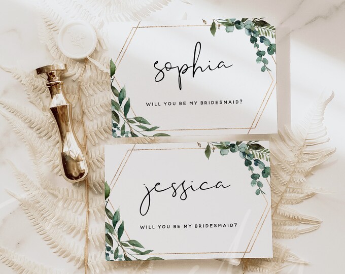 Will You Be My Bridesmaid Cards Template, Greenery Gold Wedding Cards, Printable Personalized Insert Cards, Instant Download, Templett, G5
