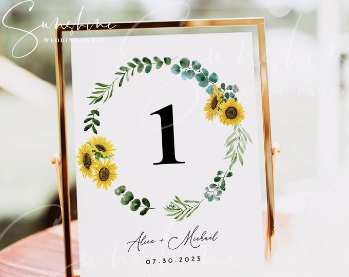 Sunflower Eucalyptus Wedding Table Number Sign Template, Printable Wedding Table Number Card Template Editable Instant Download Templett F13