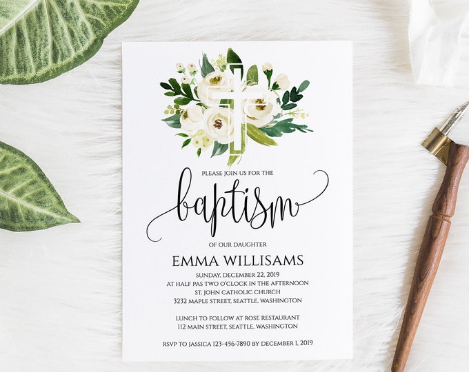 Printable Baptism Invitation Template Greenery Baptism Template Printable Baptism Invitation Template Instant Download Cross Baptism Invite