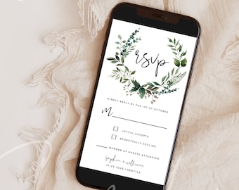 Electronic RSVP Template, Greenery Wedding, E-RSVP Wedding Evite Template, Editable Wedding RSVP Template, Instant Download, Templett, G5