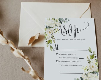 Wedding RSVP Template, White Floral Greenery, Printable Wedding RSVP Template, Wedding RSVP, Editable Text, Instant Download, Templett, F7