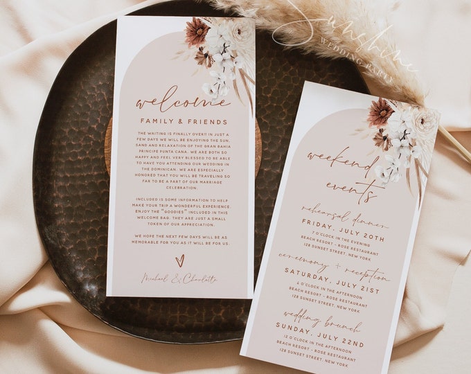 Terracotta Welcome Letter Itinerary Template, Order of Events, Welcome Bag Note, Pampas Grass, Bohemian Wedding, DIY Editable Template, F24