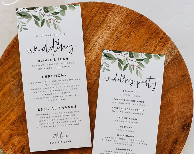 Greenery Wedding Program Cards Template, Printable Greenery Wedding Long Program Card Template, Editable Text, Instant Download, Templett G5