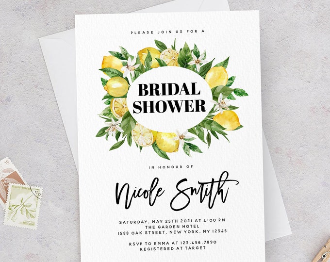 Boho Lemon Wreath Bridal Shower Invitation Template, Rustic Lemon Invite, Bridal Shower Invitation Template, Instant Download, Templett, L1