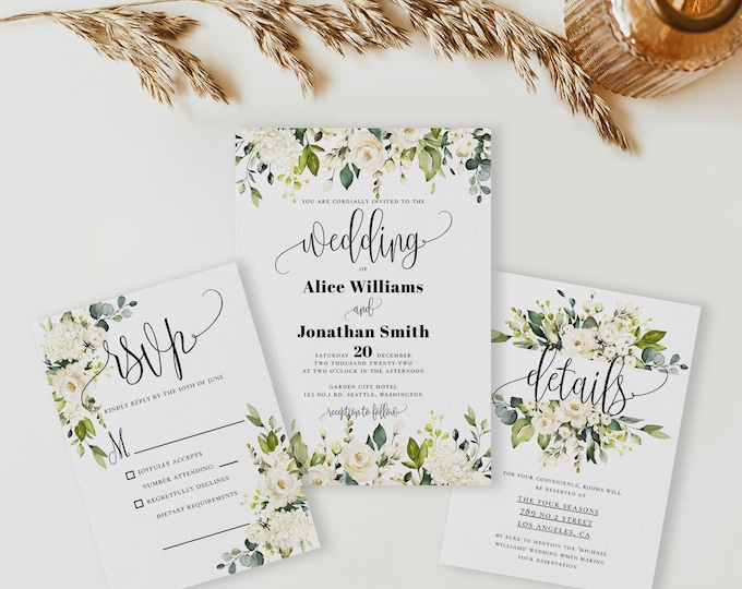 Wedding Invitation Kit Template, White Floral Greenery Invitation, Wedding Invitation Suite, Printable Invitation, Editable Invitation, F7