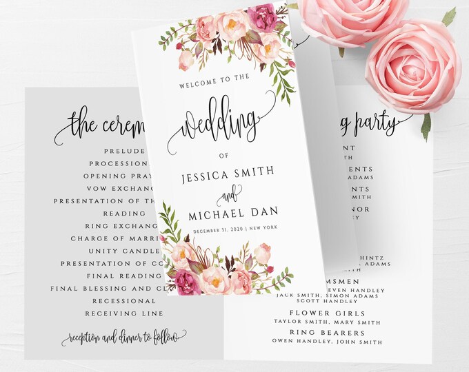 Marsala Folded Program Template Wedding Folded Program Printable Editable Folded Wedding Program Template DIY Instant Download Templett F4