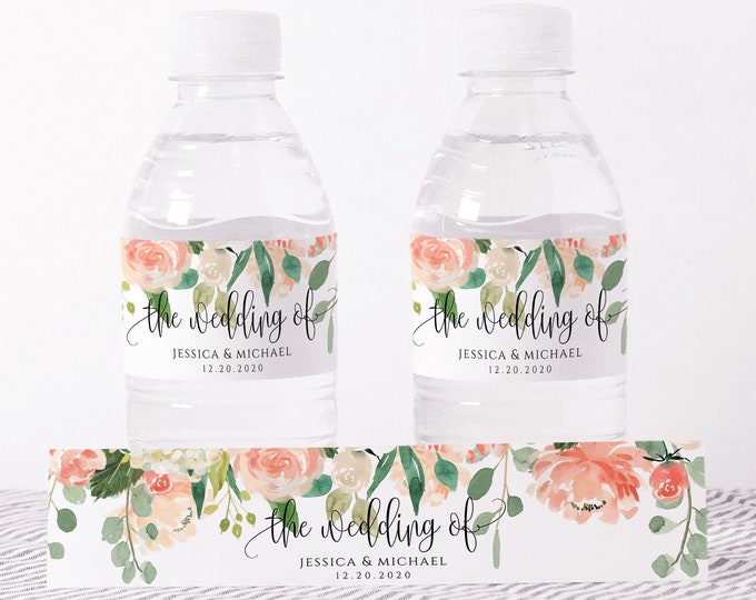 Wedding Water Bottle Label Template, Printable, Peach Floral Labels, DIY Wedding Label, Instant Download, 100% Editable Text, Templett, F1