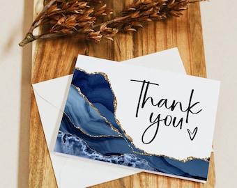 Thank You Card Template, Navy Blue and Gold Agate Wedding, Tent Fold Thank You Card, Modern Wedding Printable, DIY Editable, Download, M19