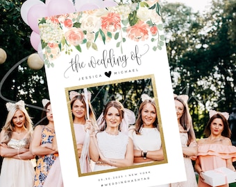 Peach Floral Wedding Photo Prop Booth Frame Sign Template Floral Selfie Frame Prop Frame Editable Printable Template INSTANT Templett F1