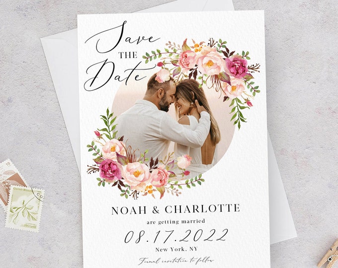 Photo Save the Date Template, Marsala Wedding, Pink Floral, Engagement Photo Save the Date, DIY Printable, Editable DIY, Save the Date, F4