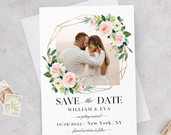 Photo Save the Date Template, Blush White Floral Wedding, Engagement Photo Save the Date, DIY Printable, Editable DIY, DIY Save the Date, F5