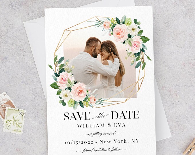 Photo Save the Date Template, Blush White Floral Wedding, Engagement Photo Save the Date, DIY Printable, Editable DIY, DIY Save the Date, F5
