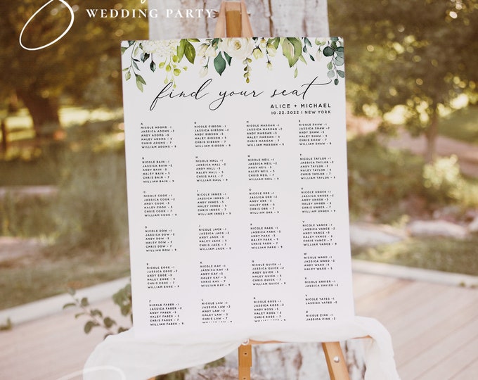 White Floral Wedding Alphabetical Seating Chart Template, Printable Seating Plan, 100% Editable, Wedding Sign, Instant Download, Templett F7